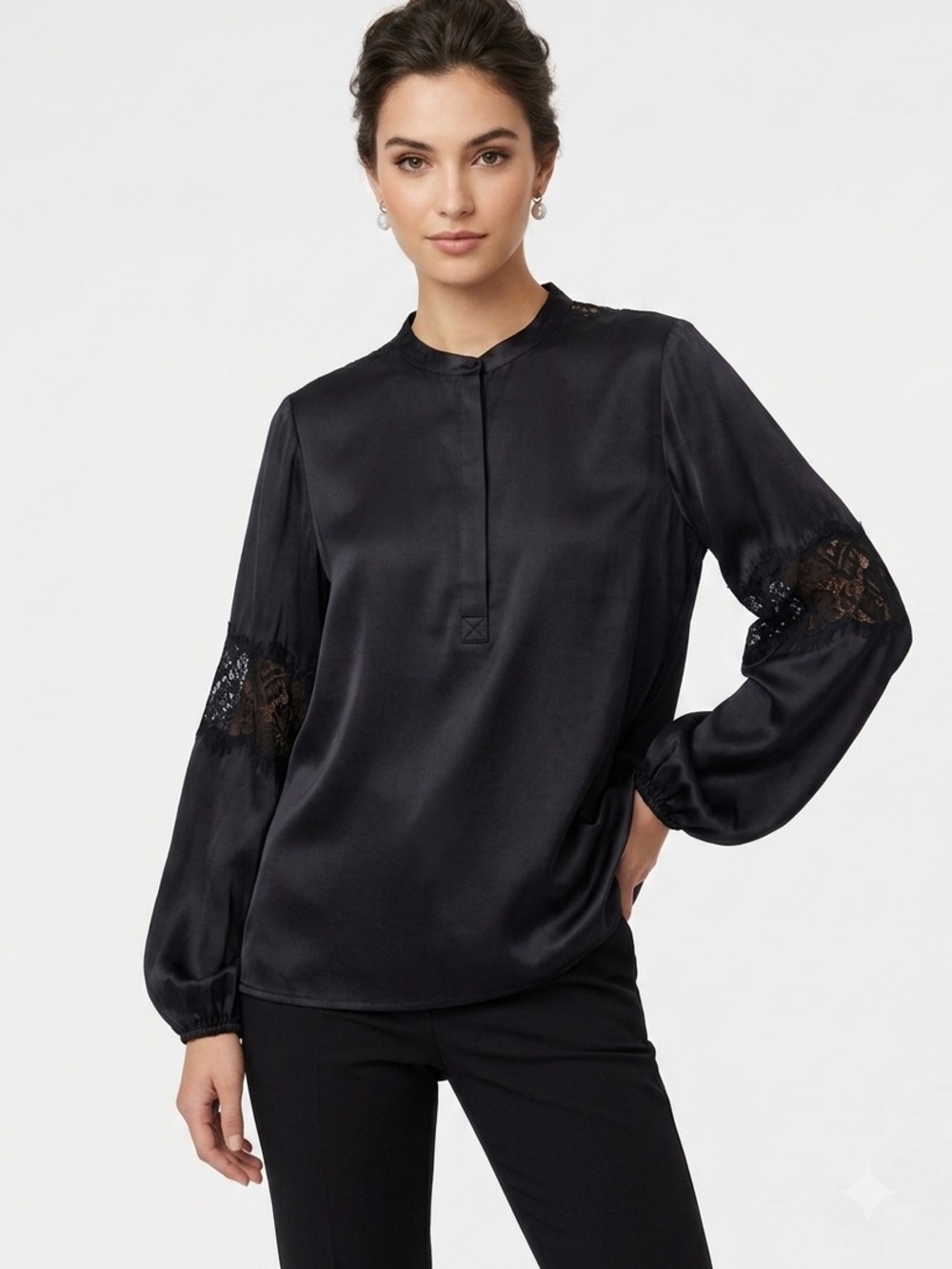 AS by DF Black 100% Silk Lace Detail Button Front Blouse Size XS/S